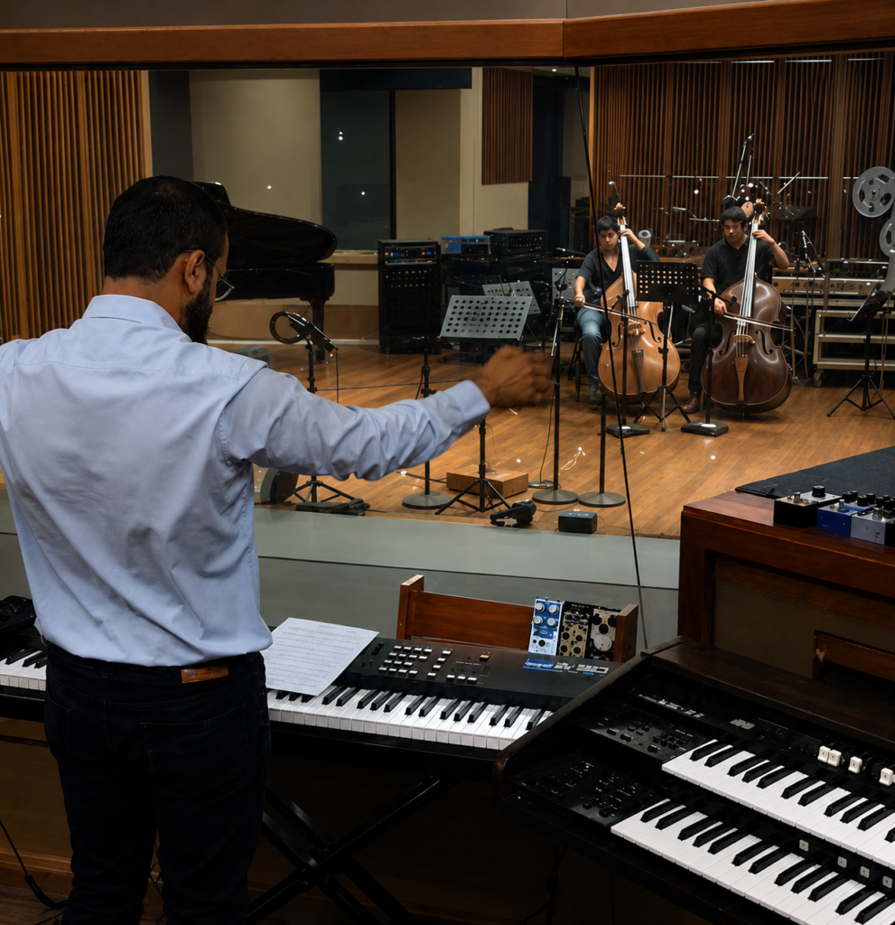 Grammy-credited string arranger Jared Ahedo conducting a live string recording session.